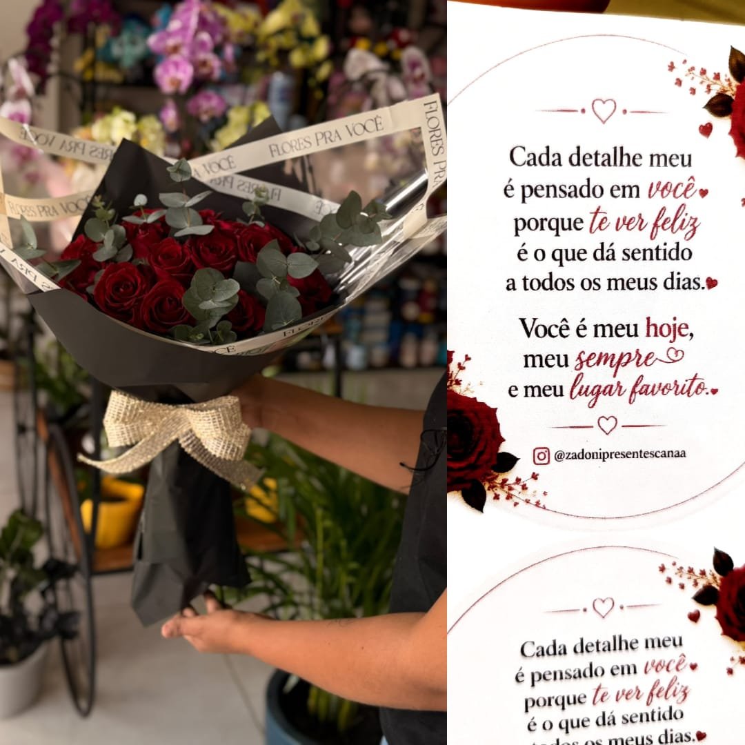 Buquê de rosas naturais vermelhas com folhagens, embalagem preta e laço, ao lado de um cartão romântico