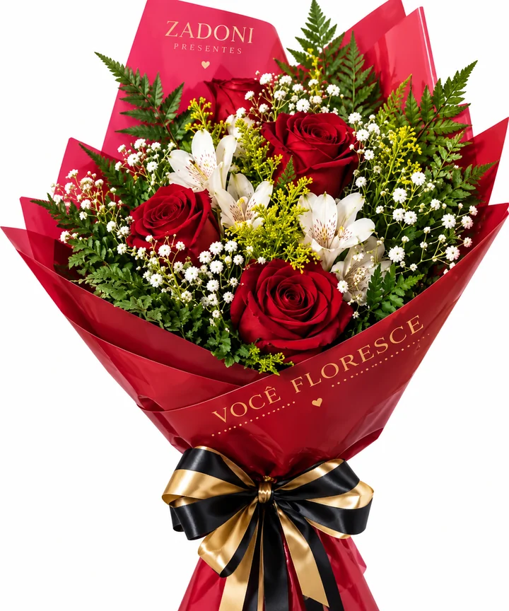 Buquê de rosas vermelhas com flores brancas, folhagens, embalagem vermelha e laço preto e dourado