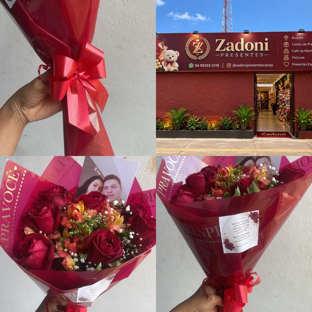 Buquê de rosas com embalagem vermelha, cartão personalizado e fachada da Zadoni Presentes