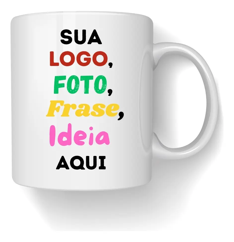 Caneca branca ilustrando personalização com logo, foto, frase ou ideia
