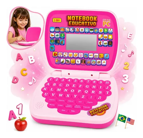 Laptop infantil educativo rosa com teclado de letras e números