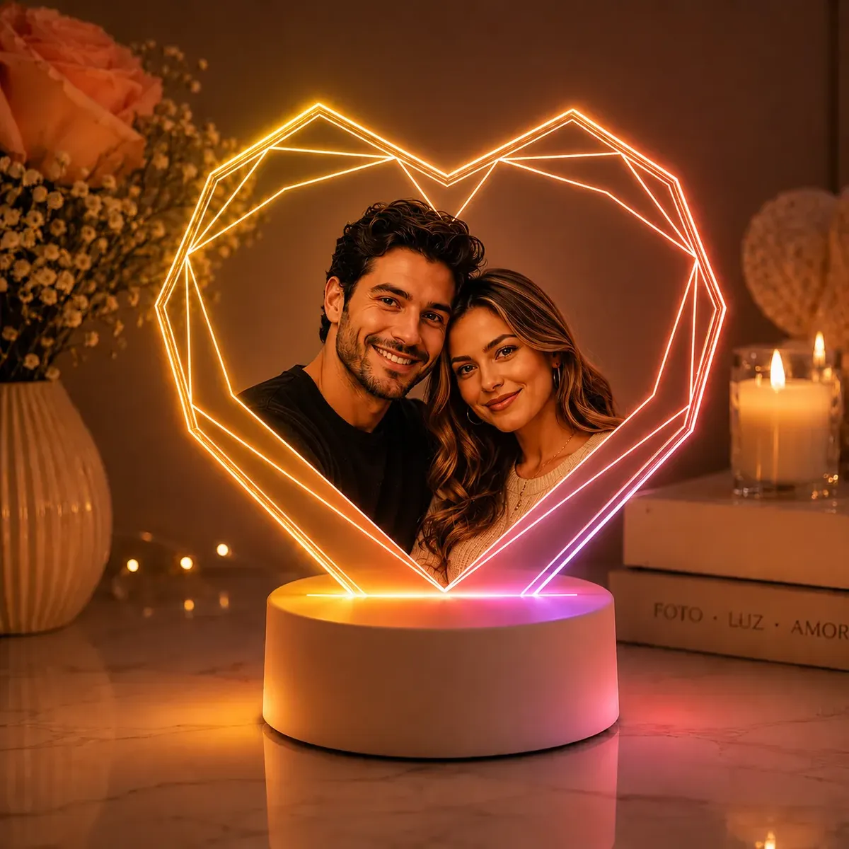 Luminária LED UV em formato de coração com foto colorida de casal