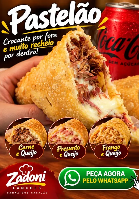 Arte do pastelão da Zadoni Lanches com os três recheios: carne com queijo, presunto com queijo e frango com queijo