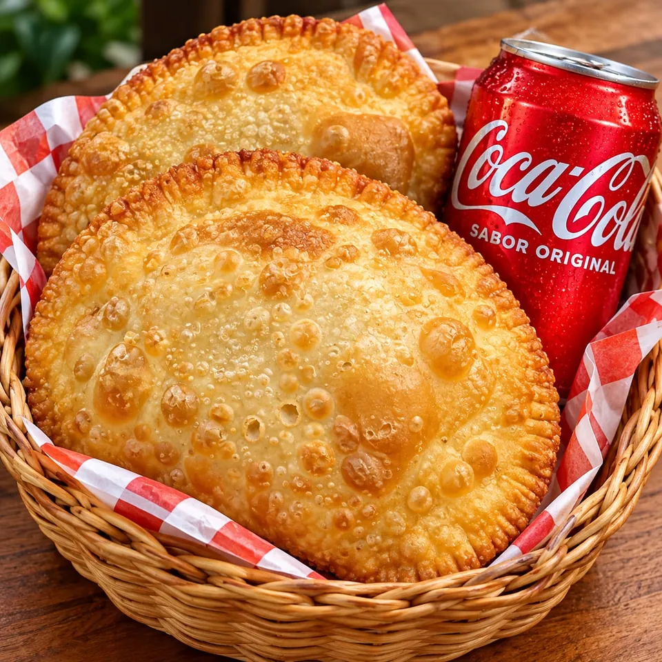 Dois pastelões fritos em cesta com papel xadrez vermelho ao lado de uma lata de Coca-Cola vendida à parte