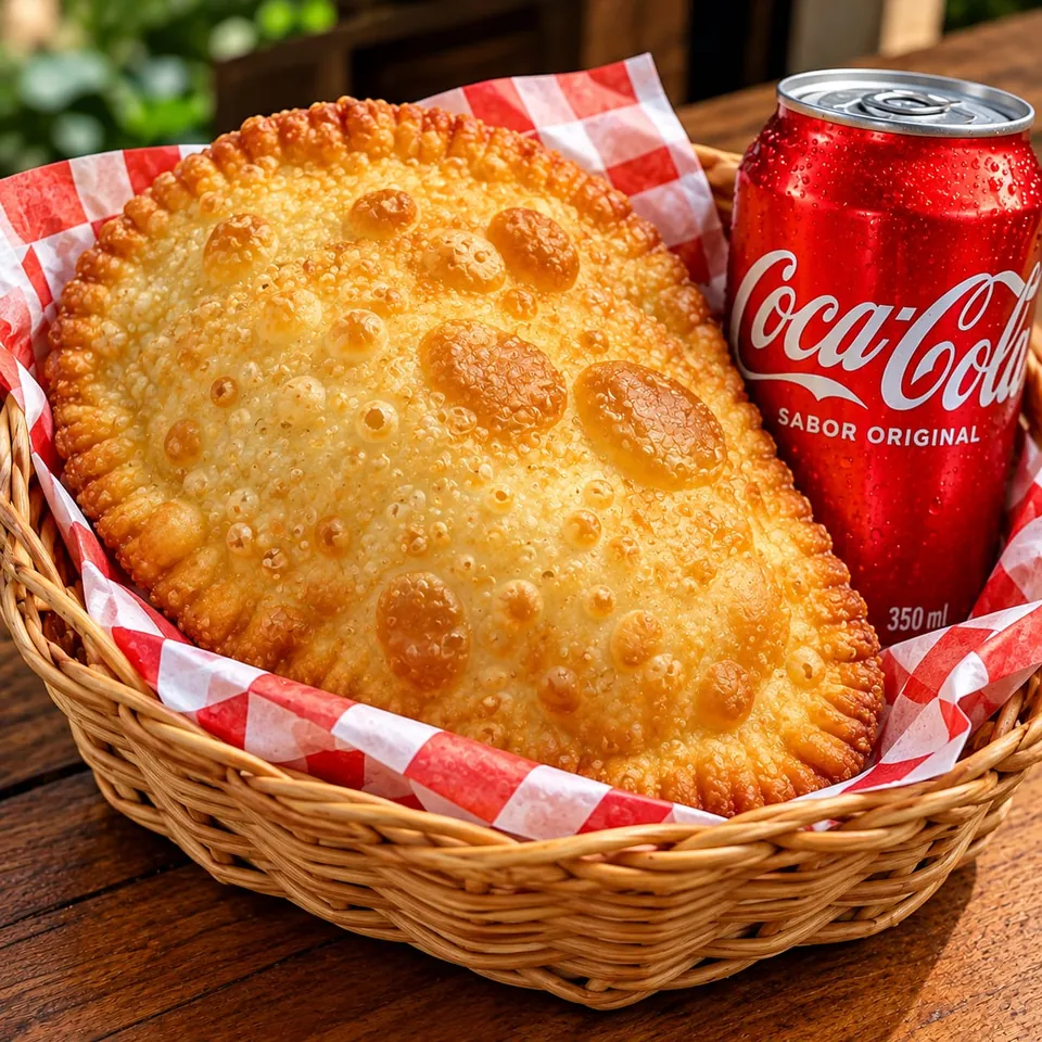 Pastelão frito em cesta com papel xadrez vermelho ao lado de uma lata de Coca-Cola vendida à parte