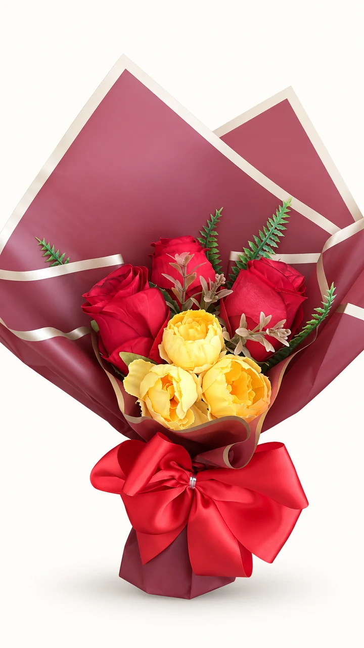 Buquê Artificial Rosas e Peônias Marsala
