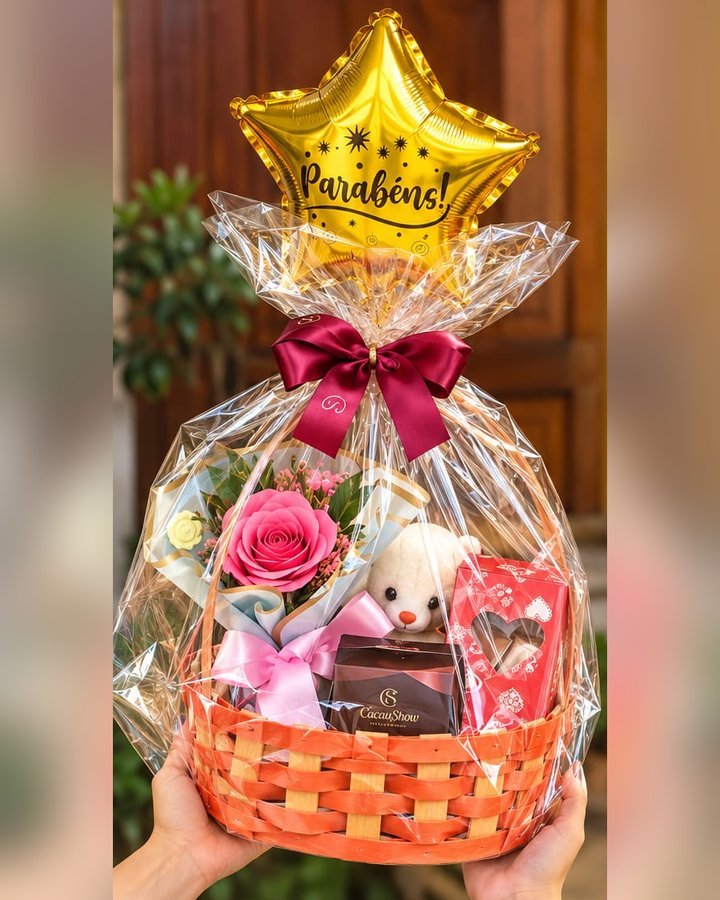Cesta laranja com buquê de rosa, ursinho de pelúcia e chocolates Cacau Show, embalada com laço marsala