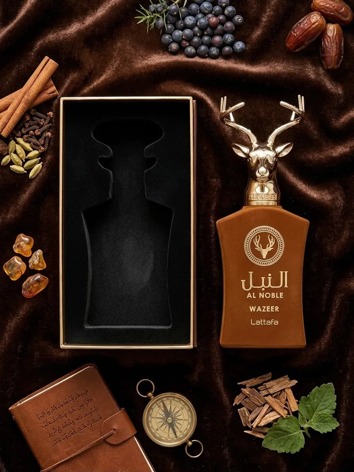 Perfume Al Noble Wazeer Lattafa com frasco e embalagem, perfume importado