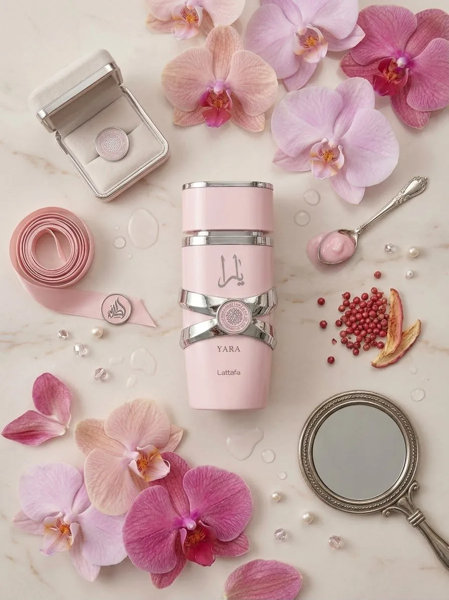 Perfume Yara Lattafa rosa entre orquídeas, perfume árabe feminino · 100 ml