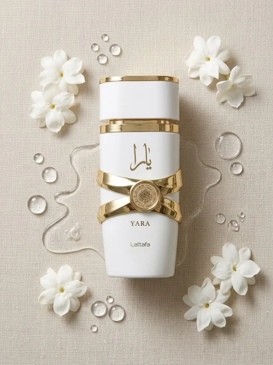 Perfume Yara Moi Lattafa branco com flores brancas · 100 ml